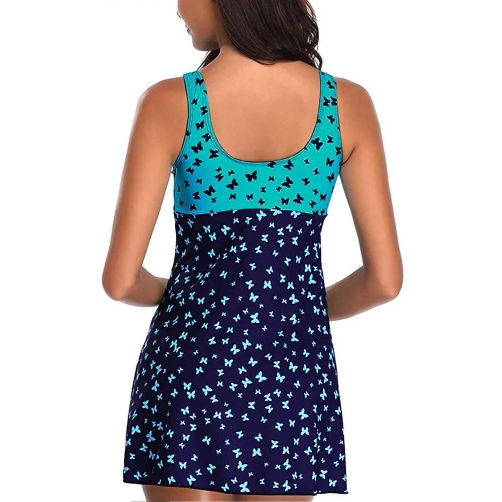 Cupshe Butterfly Print Swim Dress Tankini Set with Boy Shorts Teal Navy Blue XXL
